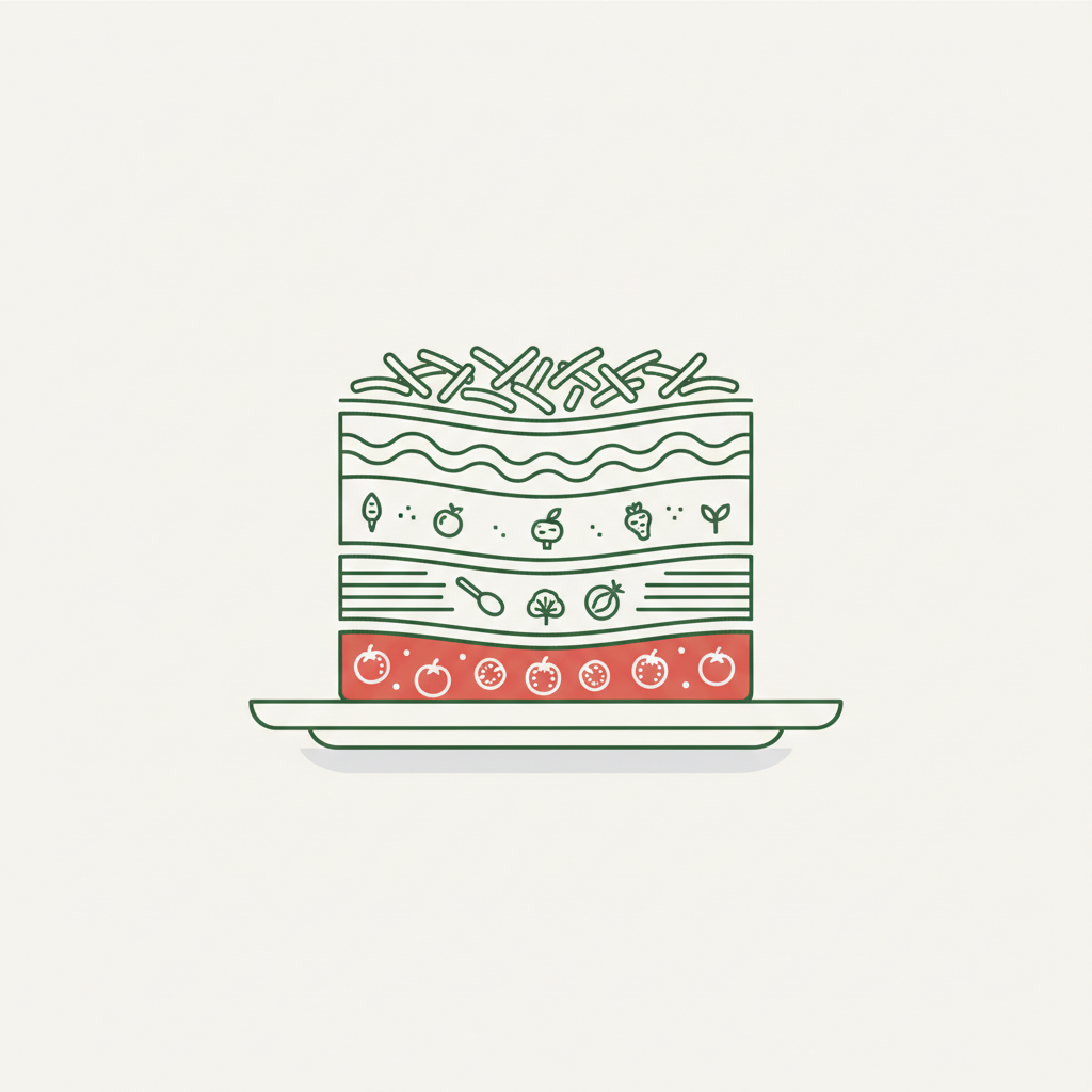 2D-Vektor-Infografik zeigt Schichtfolge einer Lasagne (Sauce, Pasta, Füllung, Béchamel, Käse). Wie schichte ich eine Lasagne richtig? Minimal, Markenfarben #dbdbcf/#a5cd8d/#21431f.