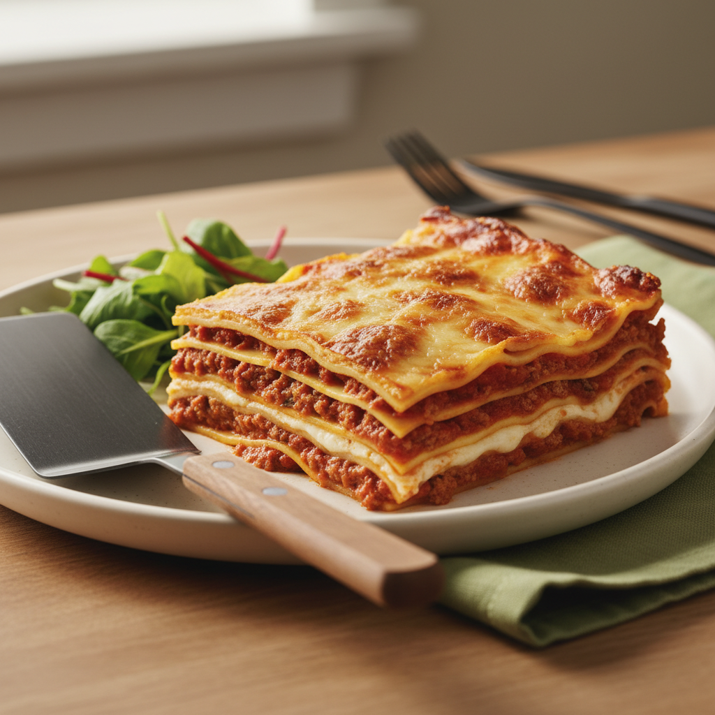 Wie schichte ich eine Lasagne richtig? Nahaufnahme eines frisch geschnittenen Lasagne-Stücks auf einem Teller, Spachtel daneben, einfacher Salat, Fokus auf Schichten und Textur.