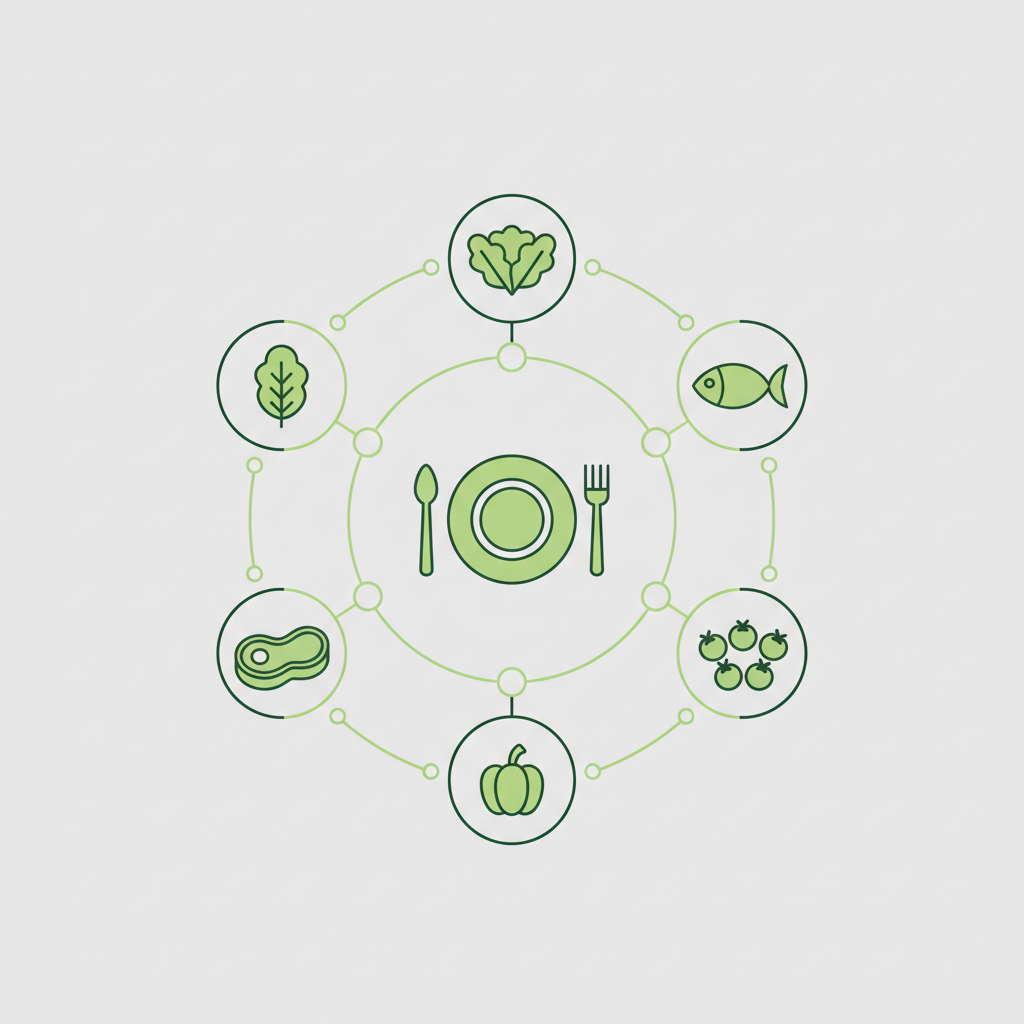 Minimalistische 2D-Vektor-Infografik zu Kartoffelgratin mit Teller, Gabel, Salatblatt, Fisch, Steak und Gemüse in Schnell-Lecker-Farben, sauberer Aufbau, kein Text