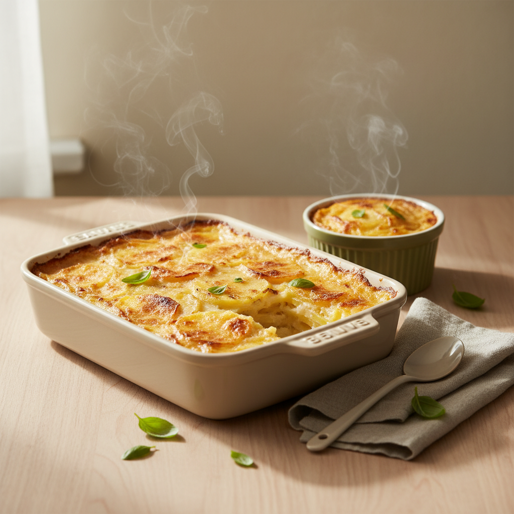 Nahaufnahme: Kartoffelgratin und Kartoffellauflauf – goldenes Gratin neben kompaktem Auflauf auf schlichtem Holztisch, warme Töne, Hintergrund #dbdbcf, Akzente #a5cd8d