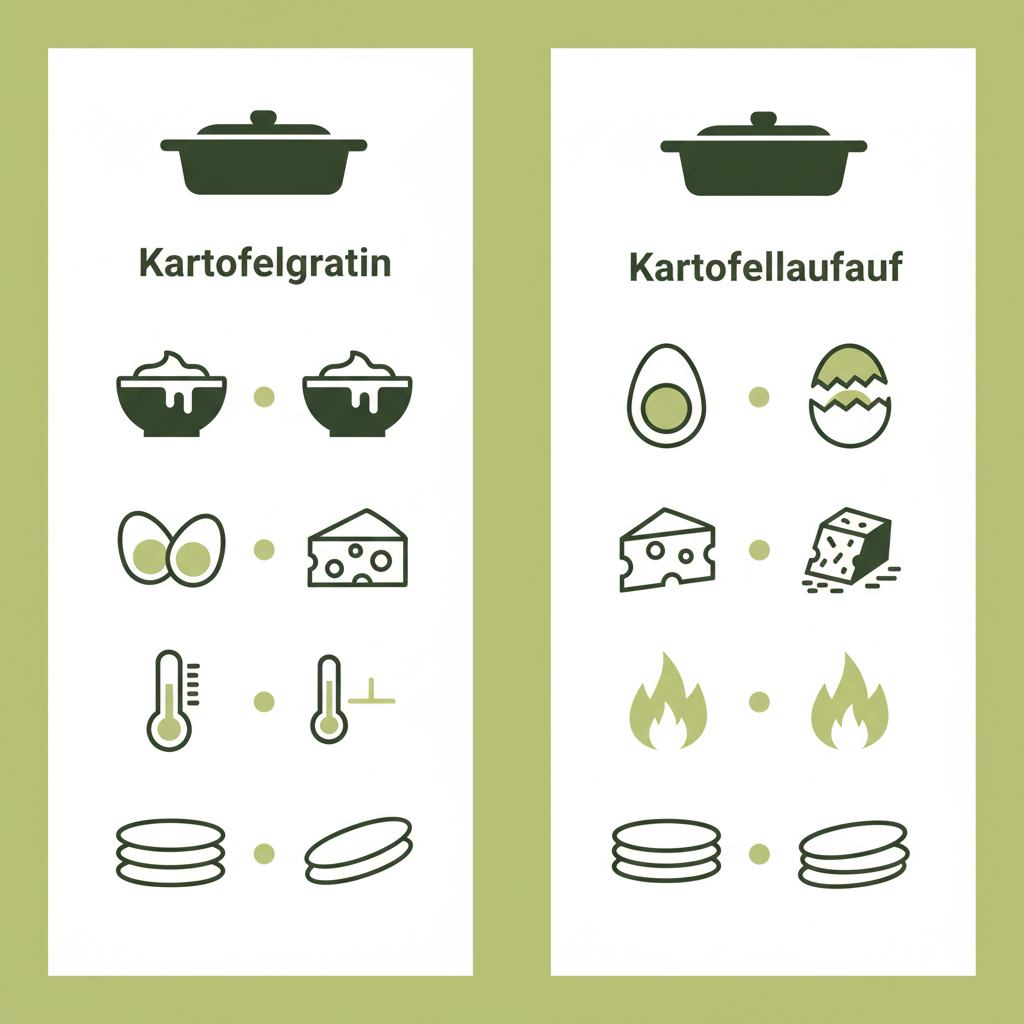 Minimalistische 2D-Vektor-Infografik zum Vergleich Kartoffelgratin und Kartoffellauflauf mit Icons für Sahne, Eier, Käse, Hitze und Scheibendicke in Markenfarben