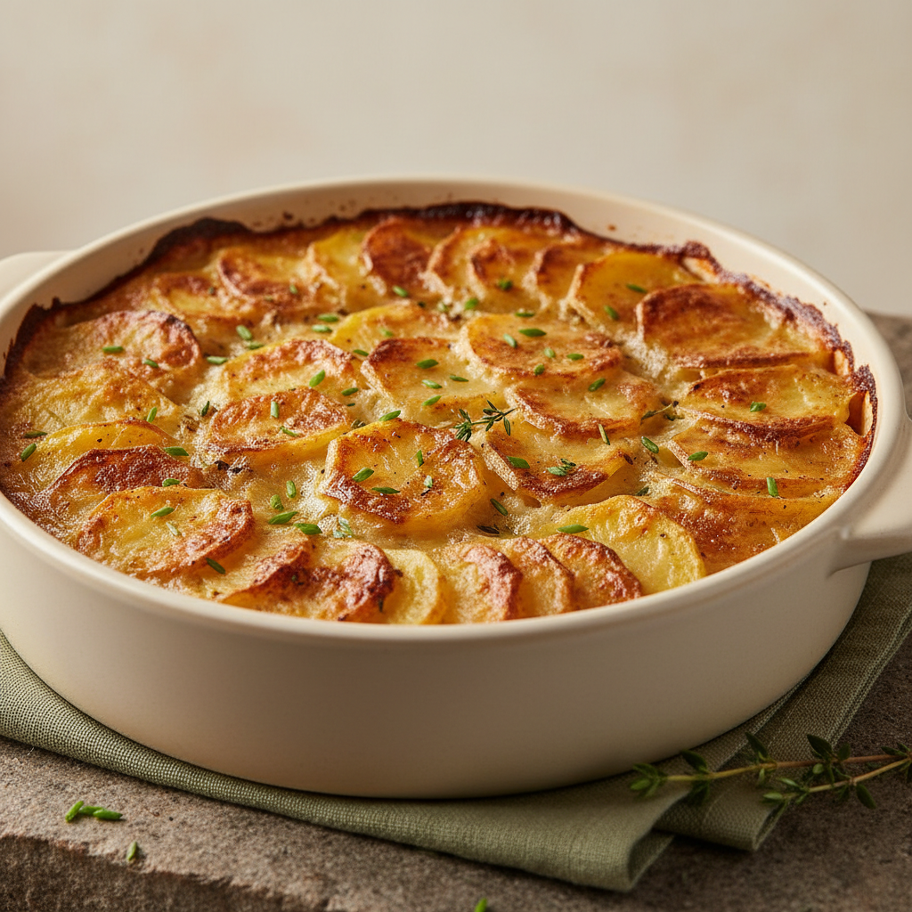 Keramische Auflaufform mit geschichteten Kartoffeln und goldbrauner Kruste in warmer Beleuchtung vor neutralem Hintergrund #dbdbcf, dezente Akzente #a5cd8d – Kartoffelgratin schichten