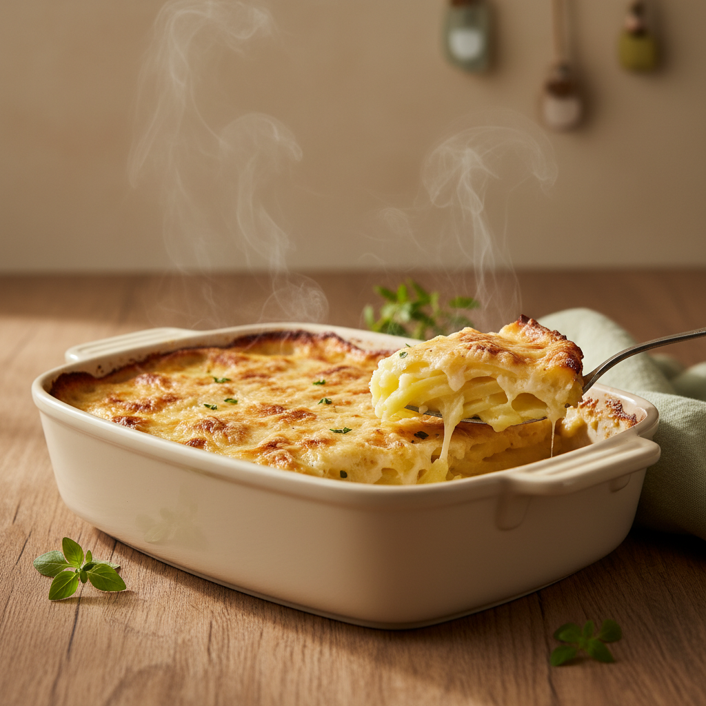 Nahaufnahme eines dampfenden Kartoffelgratins mit goldener Kruste und schmelzendem Käse für Kartoffelgratin auf Holzbrett vor #dbdbcf Hintergrund.