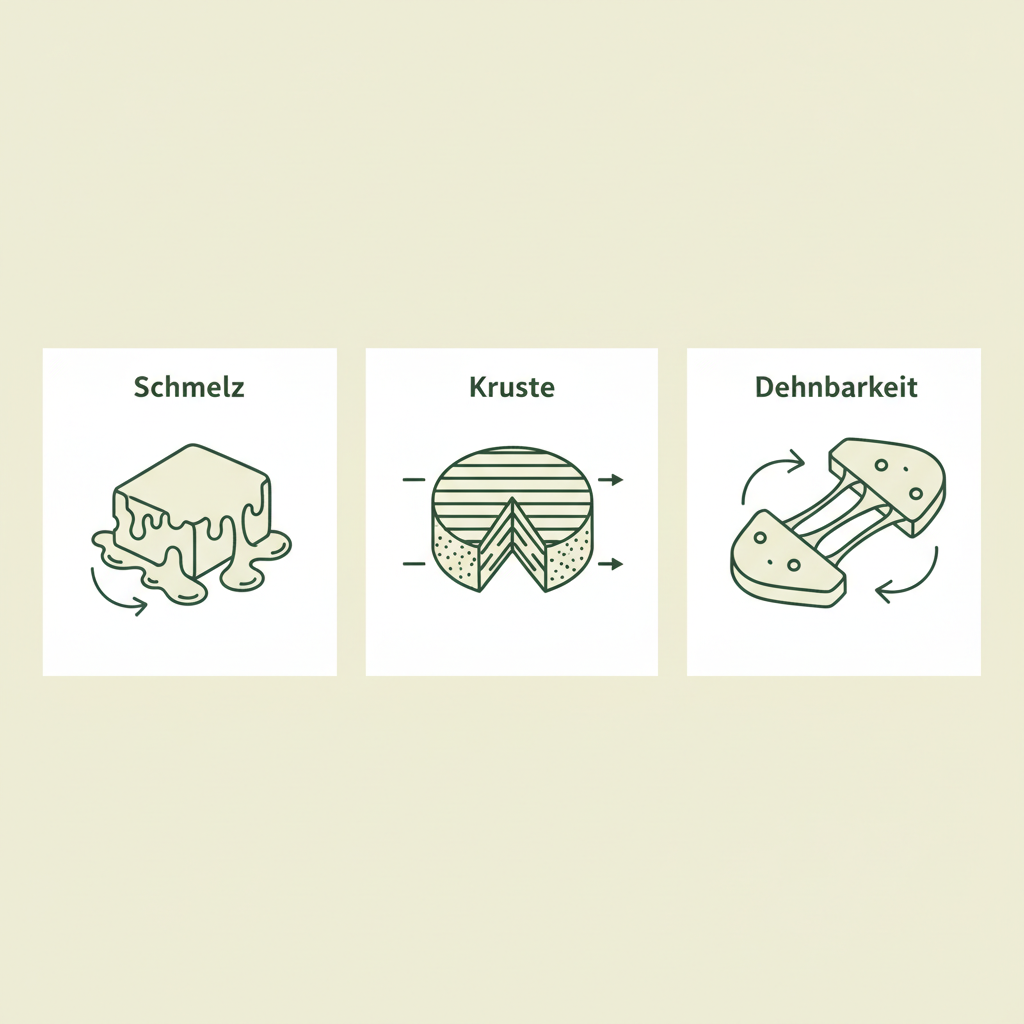 Minimalistische 2D-Vektor-Infografik mit drei Käse-Icons (Schmelz, Kruste, Dehnbarkeit) in Markenfarben, passend für Käse für Kartoffelgratin.