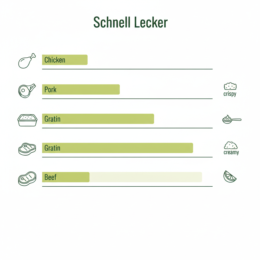 Minimalistische 2D-Vektor-Infografik mit Zeitleiste für Garzeiten: Fleisch zu Gratin und Icons für knusprig, cremig, säure, Farbstil Schnell Lecker.