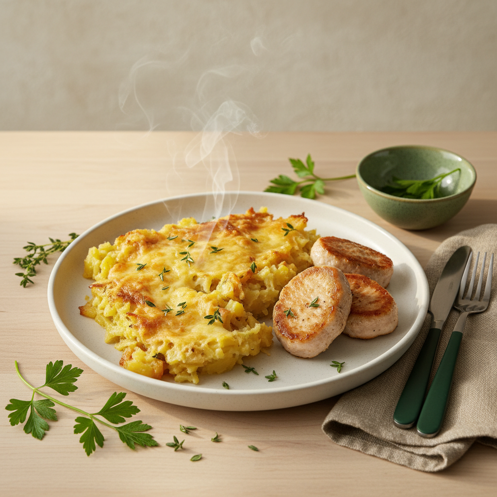 Vollbildaufnahme: Kartoffelgratin mit Schweinefilet-Medaillons und frischen Kräutern auf minimalistisch gedecktem Tisch, warme natürliche Stimmung, Fleisch zu Gratin