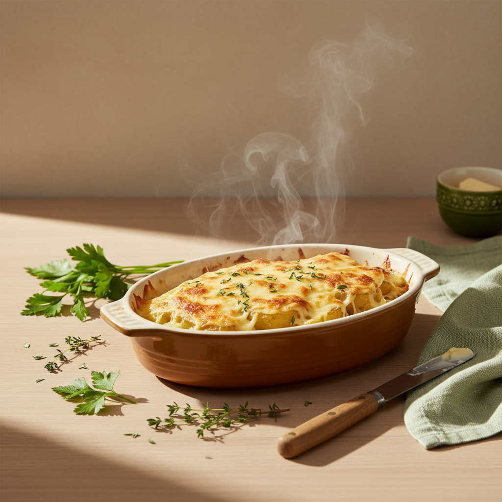 Dampfende überbackene Kartoffeln in einer Ofenform auf Holztisch, natürliches warmes Licht, frische Kräuter und gebuttertes Messer im minimalistischen europäischen Küchenstil.