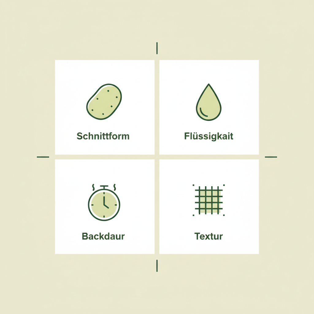 Minimalistische 2D-Vektor-Infografik mit vier Icons (Schnittform, Flüssigkeit, Backdauer, Textur) für überbackene Kartoffeln in der Schnell Lecker Farbwelt.
