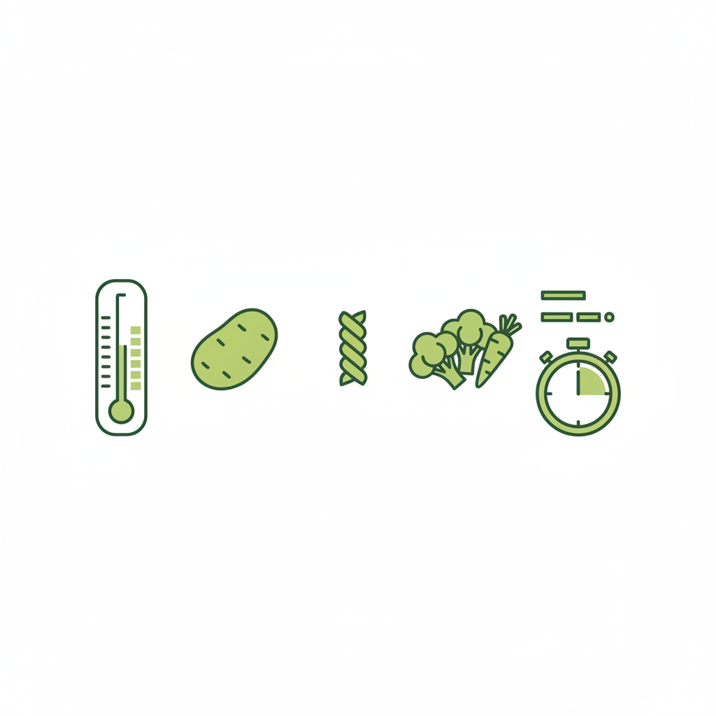 Minimalistische 2D-Infografik: Was ist ein Auflauf mit Vektor-Icons für Ofentemperatur, Zutaten (Kartoffel, Nudel, Gemüse) und Zeit in Markenfarben.