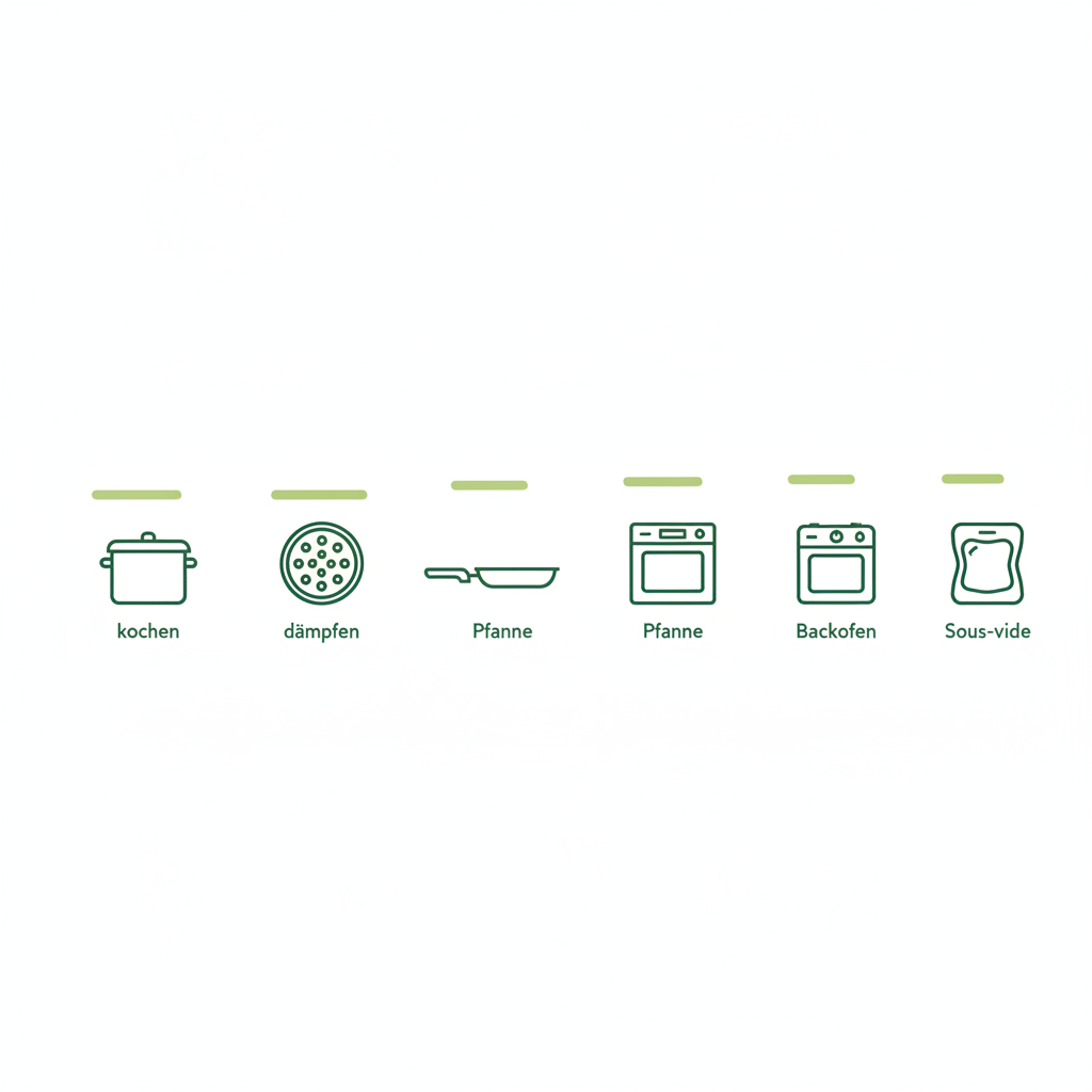 Spargel kochen: minimalistische 2D-Vektor-Infografik mit Timeline der Zubereitung (kochen, dämpfen, Pfanne, Backofen, Sous-vide) als Icons und Dauerbalken.