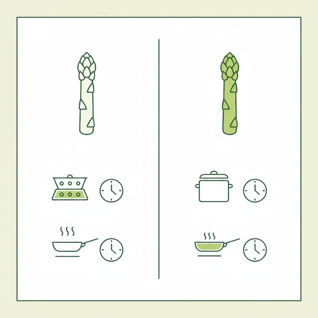 Infografik mit Vektor-Icons zu weißem vs. grünem Spargel (Dämpfen, Kochen, Braten); Spargel kaltes Wasser aufsetzen