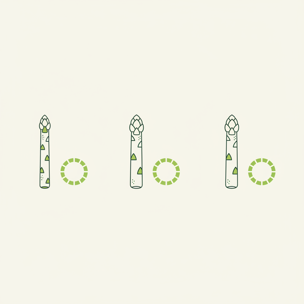 Minimalistische Vektor-Infografik zum weißen Spargel kochen mit drei Icons für dünn, mittel, dick und visuellen Zeit-Segmenten in Markenfarben.