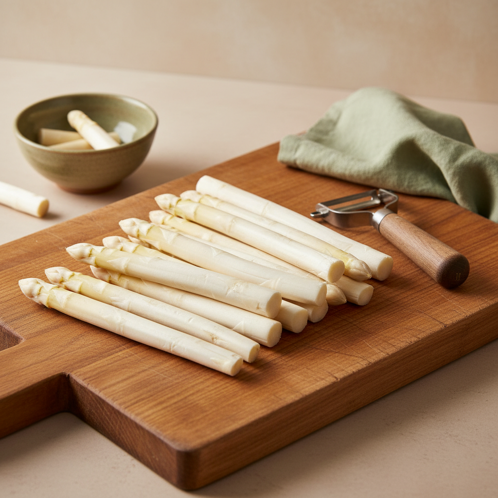 Nahaufnahme geschälter weißer Spargel auf Holzbrett mit Sparschäler und dezenten grünen Akzenten, minimalistisches Küchen-Setup zum weißen Spargel kochen