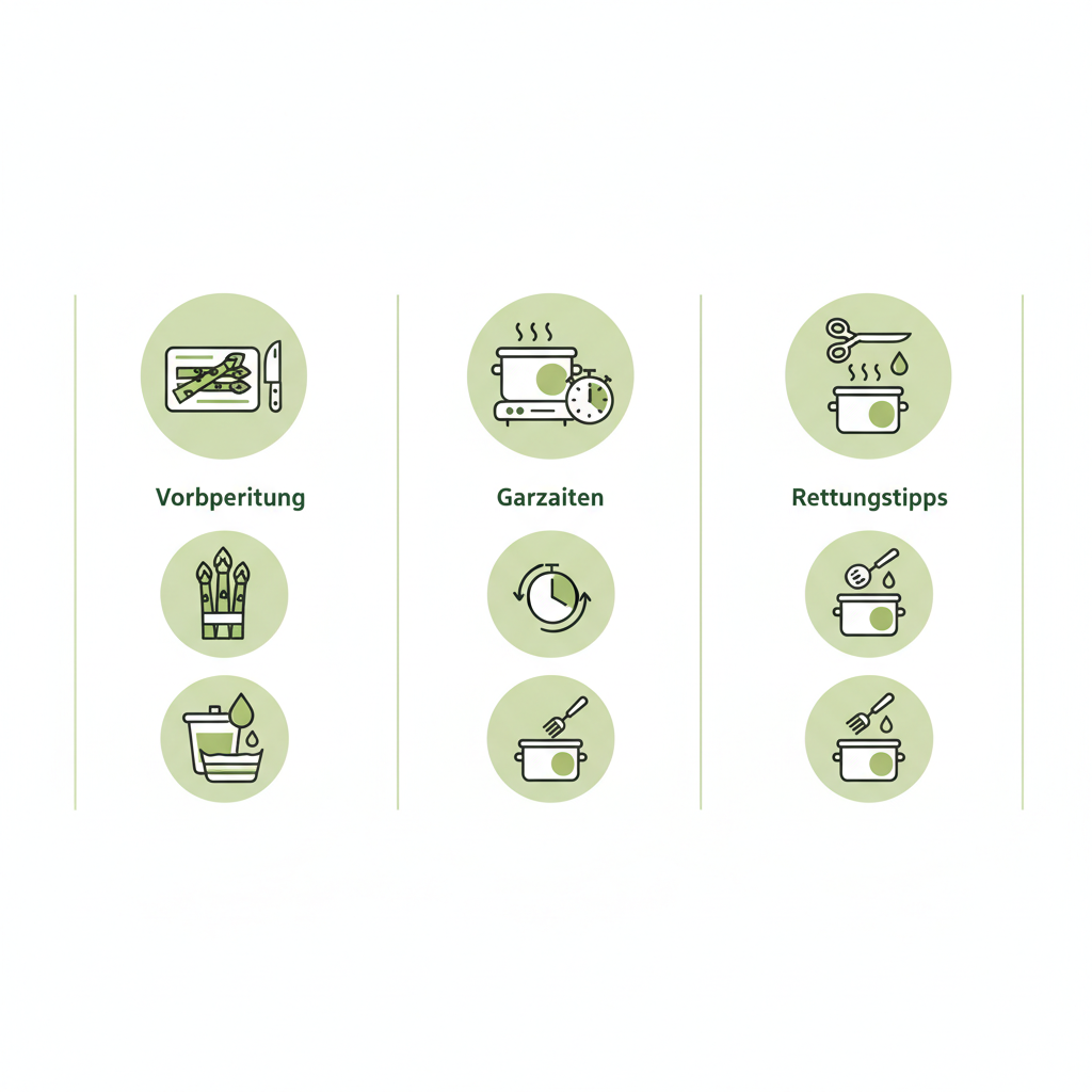 Infografik Spargel kochen Fehler: drei Spalten mit minimalistischen Vektor-Icons für Vorbereitung, Garzeiten und Rettungstipps in Schnell Lecker Farben.