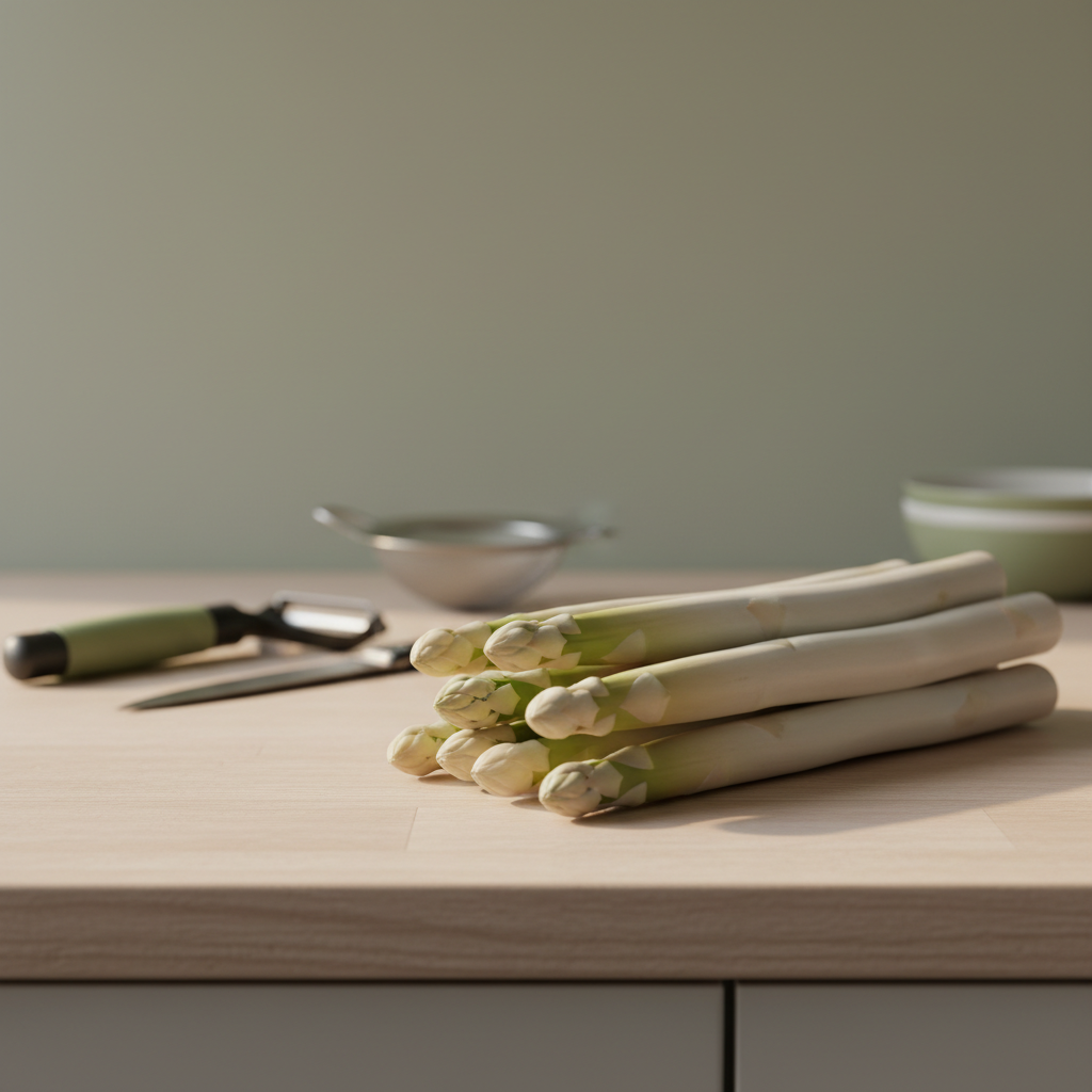 Spargel kochen Fehler: Nahaufnahme eines Bunds weißer und grüner Spargel auf sauberer Arbeitsfläche, dezente Küchenwerkzeuge im Hintergrund, Hintergrund #dbdbcf