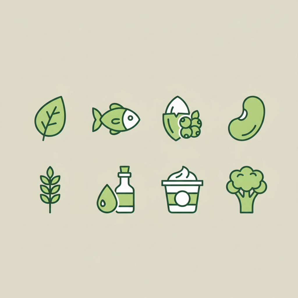 Minimalistische 2D-Vektor-Infografik mit zehn Lebensmittel-Icons (Blatt, Fisch, Nuss, Beere, Bohne, Korn, Öl, Joghurt, Ei, Brokkoli) in Brand-Farben; beste Lebensmittel