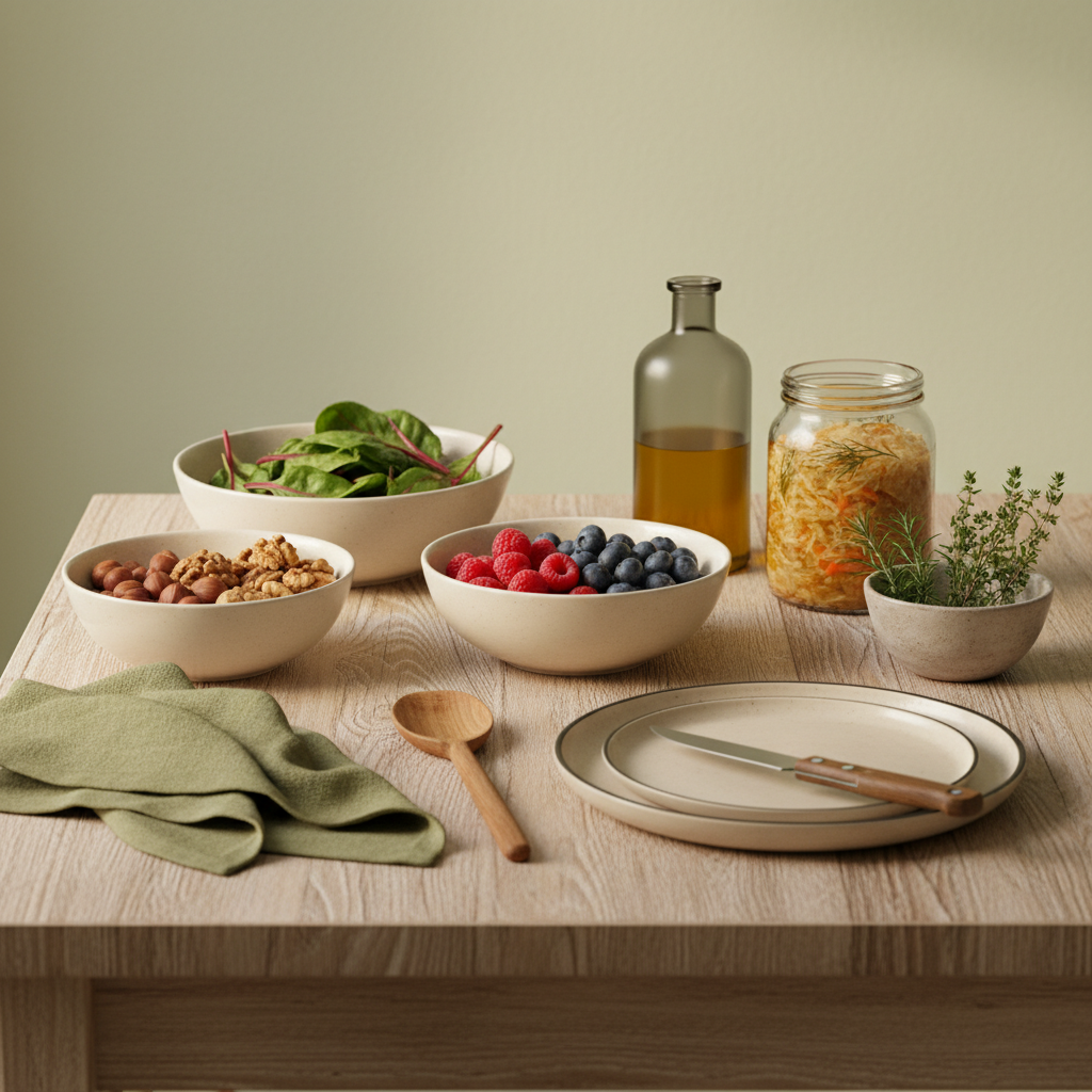 Vollformatiges, realistisches Küchenbild mit Blattgemüse, Beeren, Nüssen, Olivenöl und Fermentiertem in warmem, minimalistischem Stil – beste Lebensmittel