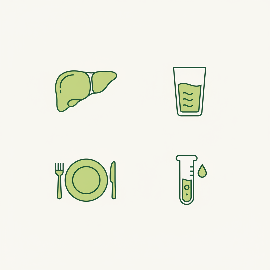 Minimalistische Vektor-Infografik mit Icons für Leber, Wasser, Teller und Labor, passend zu Leberentgiftung Symptome, sauberes Marken-Layout in Schnell Lecker Farben.