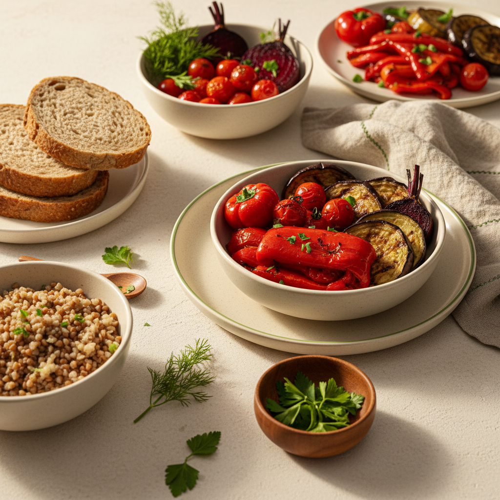Leberentgiftung Symptome: Minimalistische hausgemachte ungarisch-rumänische Mahlzeit mit buntem Gemüse, Vollkorn, Holzutensilien auf hellem #dbdbcf Tisch