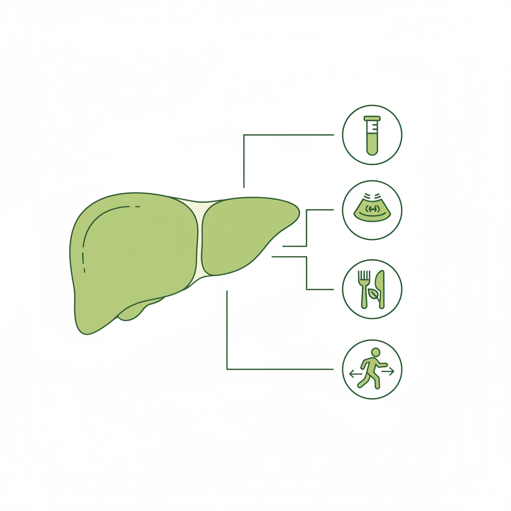 Minimalistische 2D-Vektor-Infografik zu Anzeichen für kranke Leber mit Leber-Silhouette, Blutprobe-, Ultraschall-, Ernährungs- und Bewegungs-Icons in Brand-Farben.