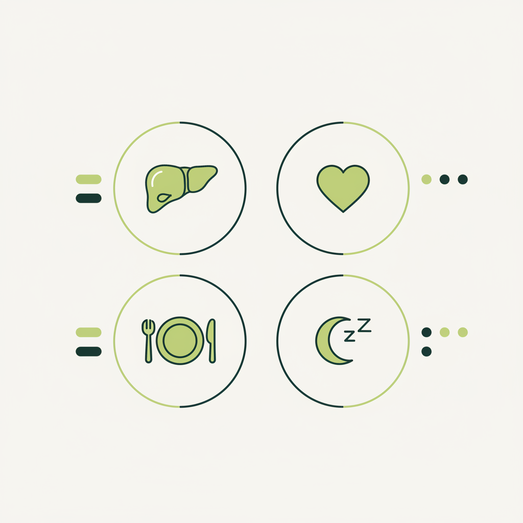 Minimalistische 2D-Vektor-Infografik mit vier Icons (Leber, Herz, Teller, Schlafsymbol) und grafischen Stichpunkten zu Anzeichen Leberentgiftung, Farben Schnell Lecker.