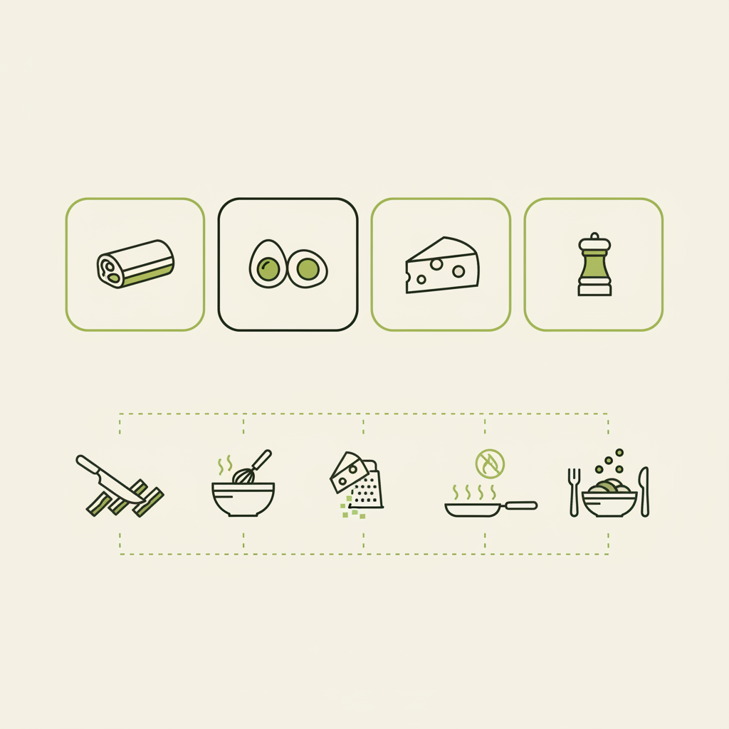 Was ist Carbonara auf Deutsch: Minimalistische Infografik mit vier Zutaten-Icons (Guanciale, Eier, Pecorino, Pfeffer) und fünf Schritt-Piktogrammen zur Zubereitung.