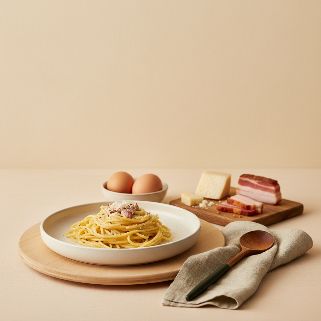 Was ist Carbonara auf Deutsch: Teller Spaghetti Carbonara auf einfachem Keramikgeschirr, Holzunterlage, Eier, Pecorino und Guanciale, minimalistischer Hintergrund #dbdbcf und Akzent #a5cd8d.