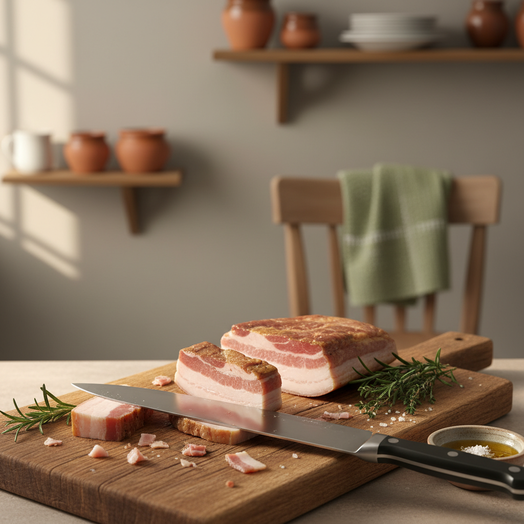 Nahaufnahme eines Holzschneidebretts mit Pancetta, Messer, Kräutern und Trimmresten – Szene zum Pancetta trimmen vor hellem #dbdbcf-Hintergrund