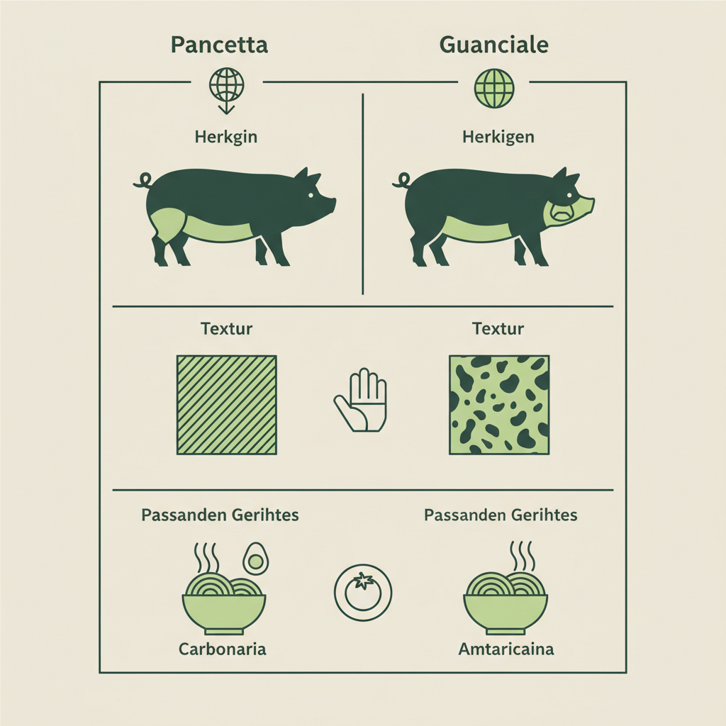 Minimalistische 2D-Vektorinfografik zeigt den Unterschied Pancetta Guanciale mit Icons für Herkunft, Textur und passende Gerichte in Schnell Lecker Farben