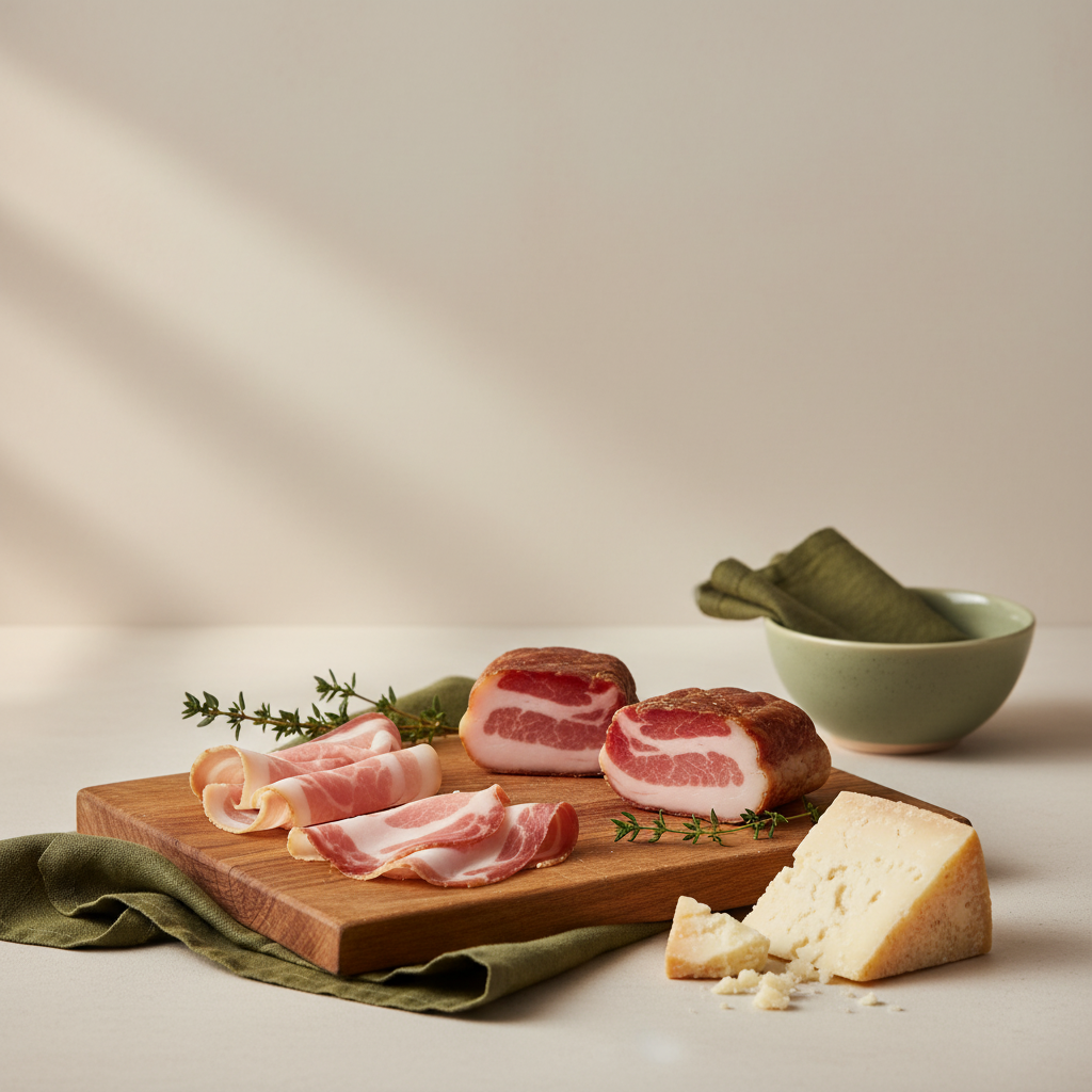 Unterschied Pancetta Guanciale: Holzbrett mit aufgeschnittener Pancetta und Guanciale, Pecorino und Thymian vor neutralem Hintergrund #dbdbcf, warmes Licht, minimalistisches Setting