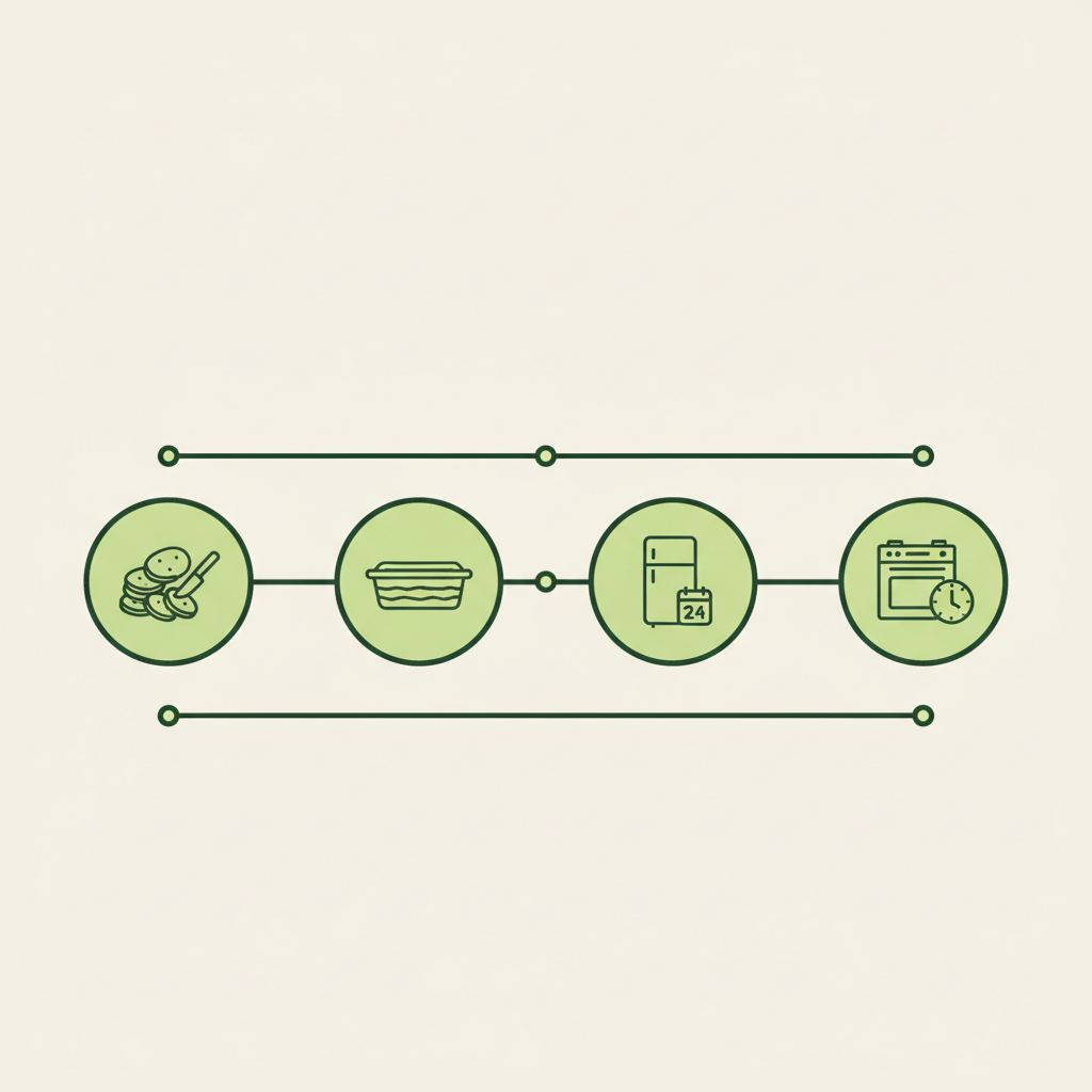 Minimalistische Vektor-Infografik zum Kartoffelgratin vorbereiten: Icons für Kartoffeln schneiden, schichten, 24 Stunden kühlen und 40–60 Minuten backen in Schnell Lecker Markenfarben.