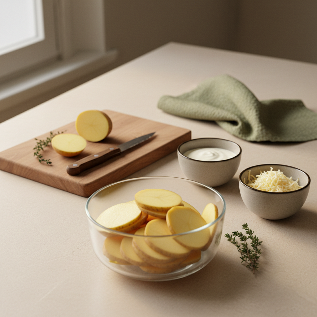 Kartoffelgratin vorbereiten: stapel rohe Kartoffelscheiben in Schüssel, Schale mit Sahne, geriebener Käse und Holzbrett auf minimalistischem, warm beleuchtetem Tisch