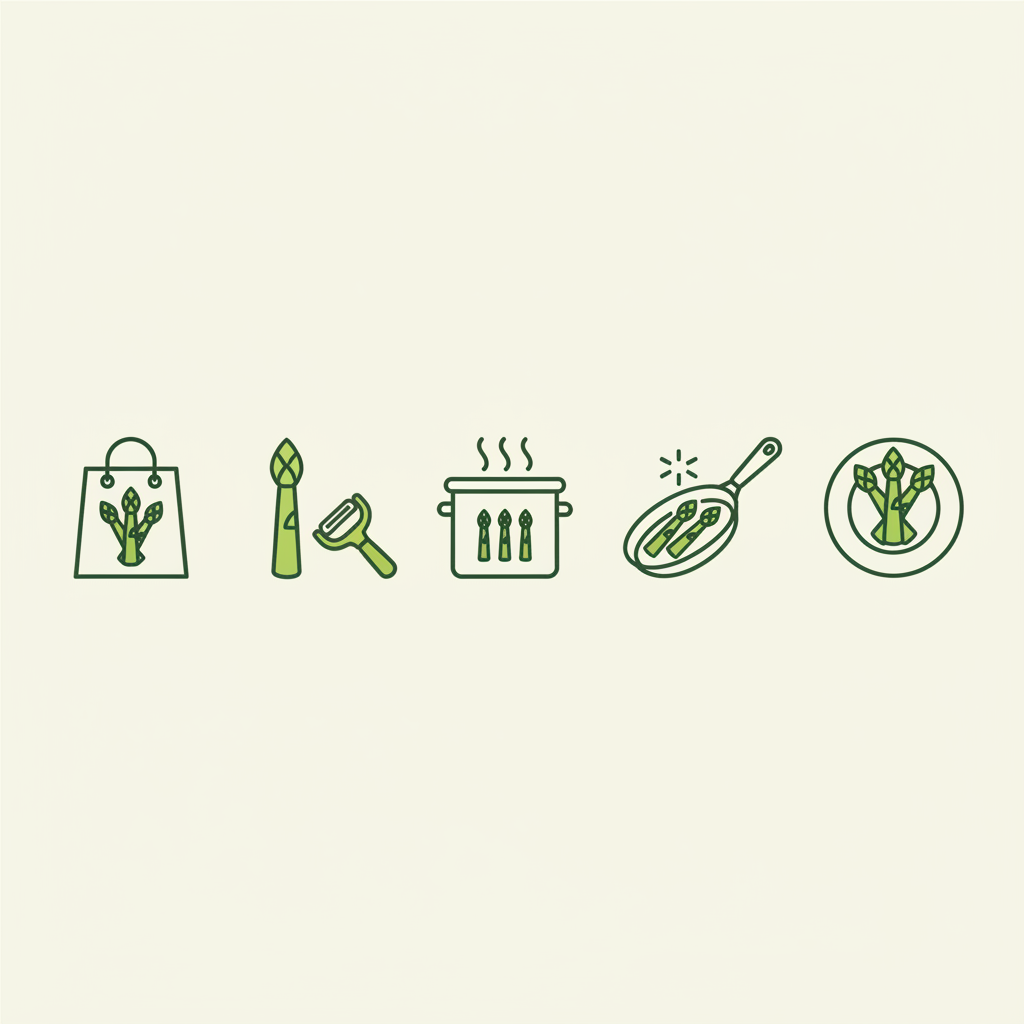 Minimalistische 2D-Vektor-Infografik mit fünf Icons zur Spargel-Zubereitung: Einkauf, Schälen, Kochen, Braten, Servieren, Markenfarben