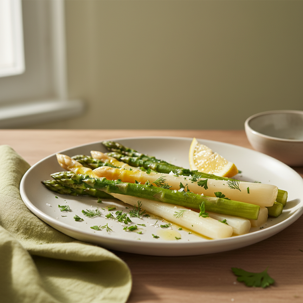 Nahaufnahme eines minimalistischen Spargel-Tellers mit geröstetem grünem und weißem Spargel, Zitronenspalte und frischen Kräutern vor sanftem beige-grünem Hintergrund
