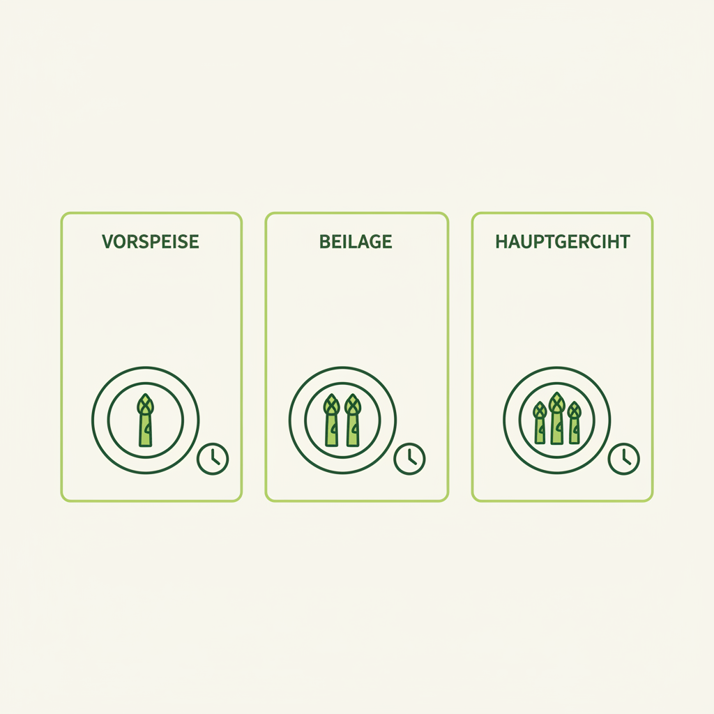 Minimalistische 2D-Vektor-Infografik mit Portionstabellen für spargel pro person; drei Teller-Icons mit 1/2/3 Spargelspitzen und kleinen Uhr-Icons, Markenfarben #dbdbcf #a5cd8d #21431f.