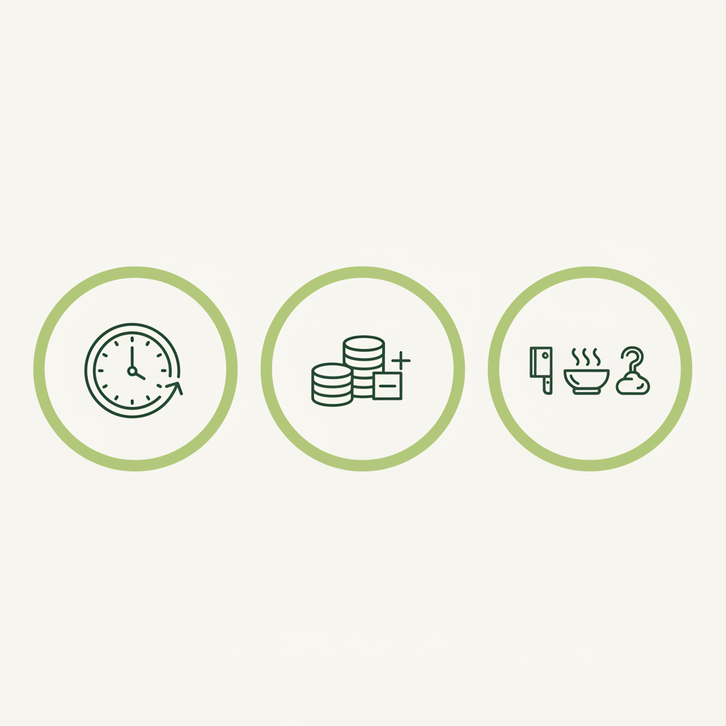 Minimalistische 2D-Vektor-Infografik zum Thermomix mit Icons für Zeitersparnis, Kostenrechnung und Funktionen (zerkleinern, dämpfen, kneten) in Schnell Lecker Farben