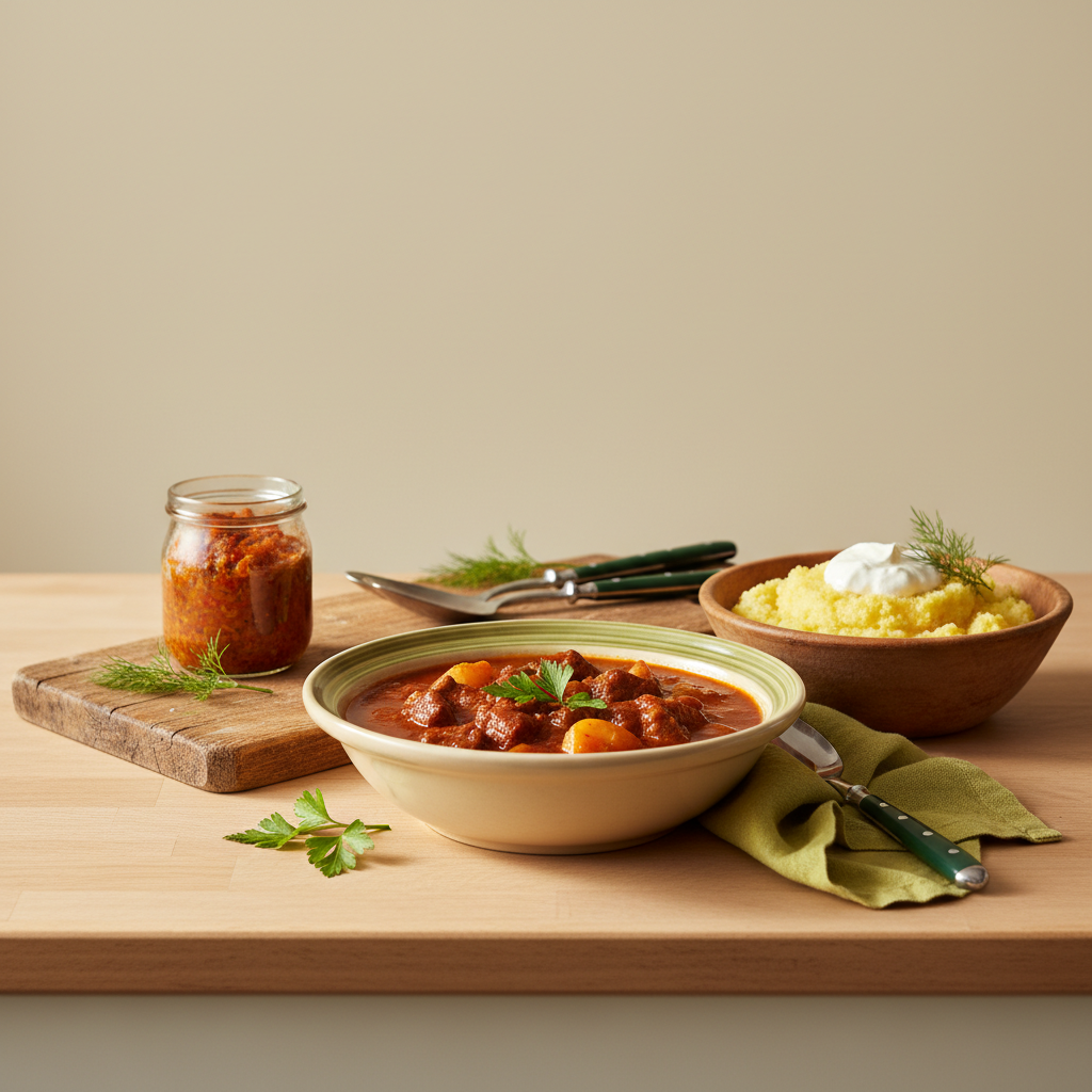 Minimalistisches Küchenstillleben mit ungarischem Gulasch und rumänischer Mămăligă auf Arbeitsplatte, warmes Fensterlicht, Hintergrund #dbdbcf — Thermomix