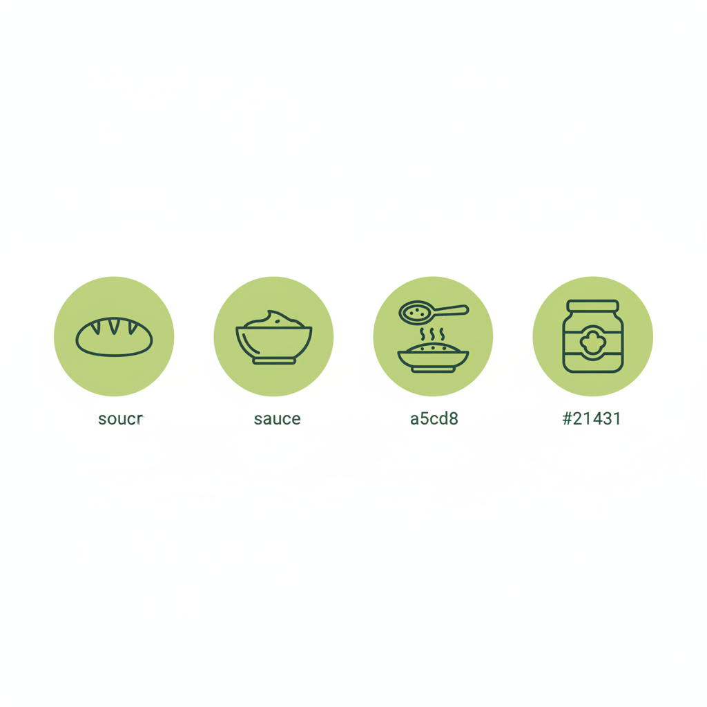Minimalistische 2D‑Vektorinfografik mit Icons für Brot, Sauce, Suppe und Babygläschen, passend zu beliebteste Thermomix Rezepte im Schnell Lecker Farbdesign