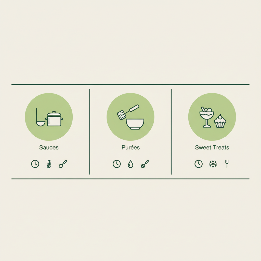 Minimalistische Vektor-Infografik zu Thermomix-Einsatzfeldern mit Icons für Saucen, Pürees und Süßwaren in Schnell Lecker Farben