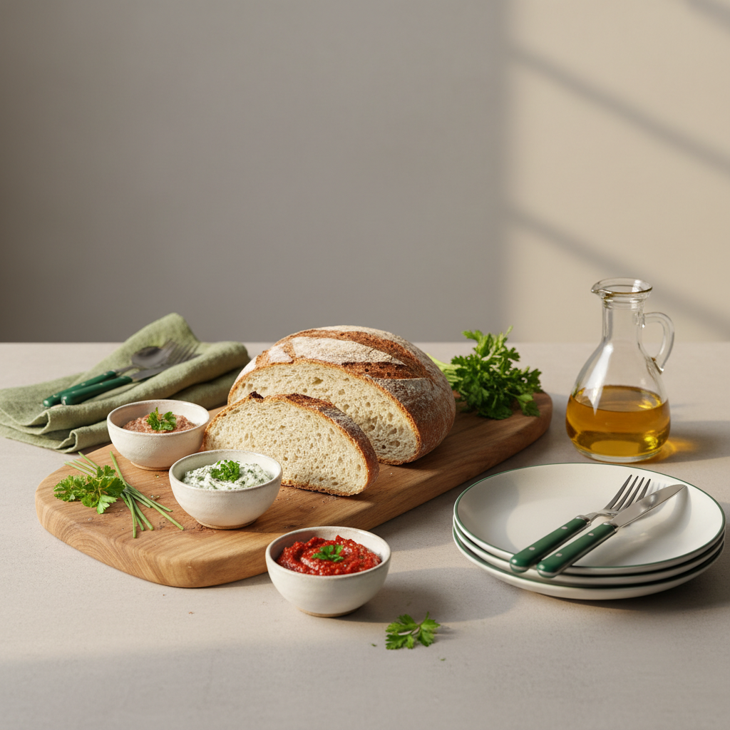 Minimalistisches, heimeliges Küchenarrangement mit Brot, Aufstrichen und frischen Kräutern, europäisch/ungarisch/rumänisch inspiriert – Thermomix-Rezeptkontext, Hintergrund #dbdbcf, Akzent #a5cd8d