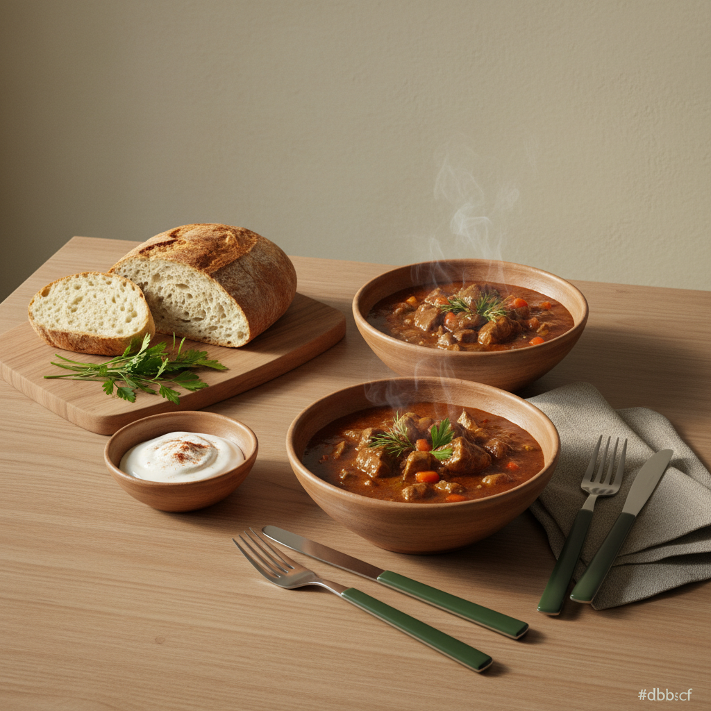 Nahaufnahme einer heimeligen europäischen Küche mit zubereiteten Gerichten, warmes Tageslicht, #dbdbcf Hintergrund und grüne Akzente, Thermomix monatlich