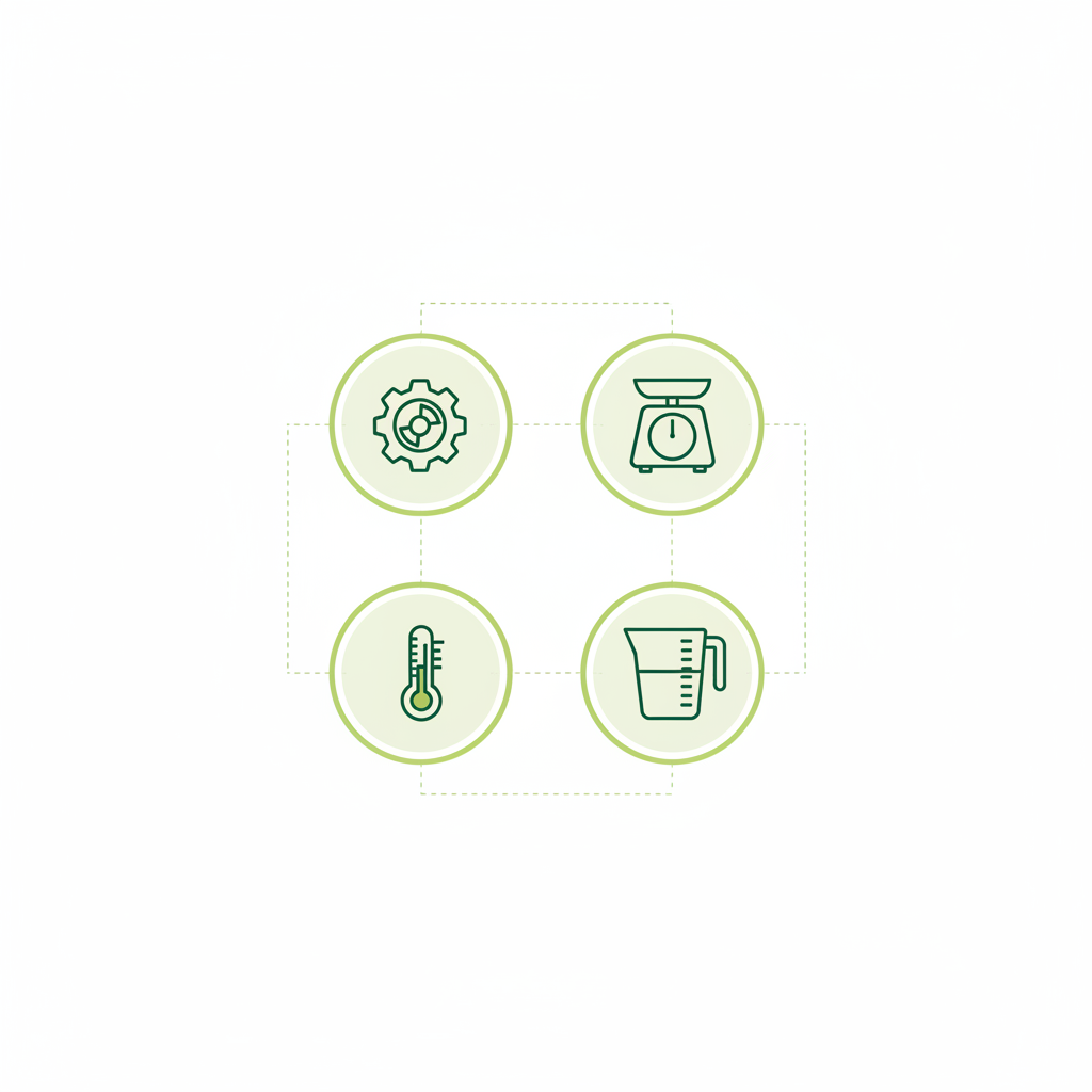 Minimalistische 2D-Vektor-Infografik mit vier Icons (Motor, Gewicht, Temperatur, Volumen) in Markenfarben, passend zu Thermomix-Funktionen.