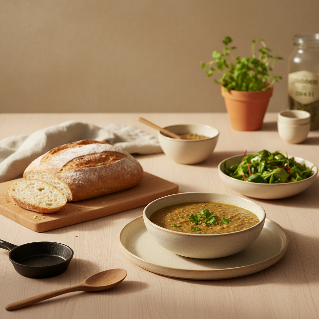 Minimalistische europäische Küche mit gedecktem Tisch, warmes Tageslicht, grün-beige Akzente, realistische Nahaufnahme von Speisen und Thermomix