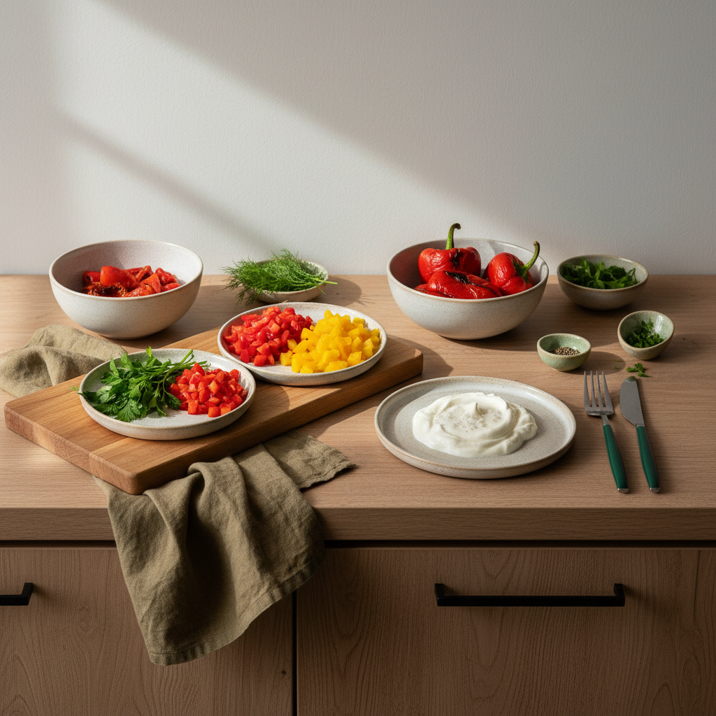 Thermomix in Profi-Küchen: Full-Frame, minimalistische Profi-Arbeitsfläche mit Holzplatte, kleinen Tellern mit vorbereiteten Komponenten, warmes natürliches Licht
