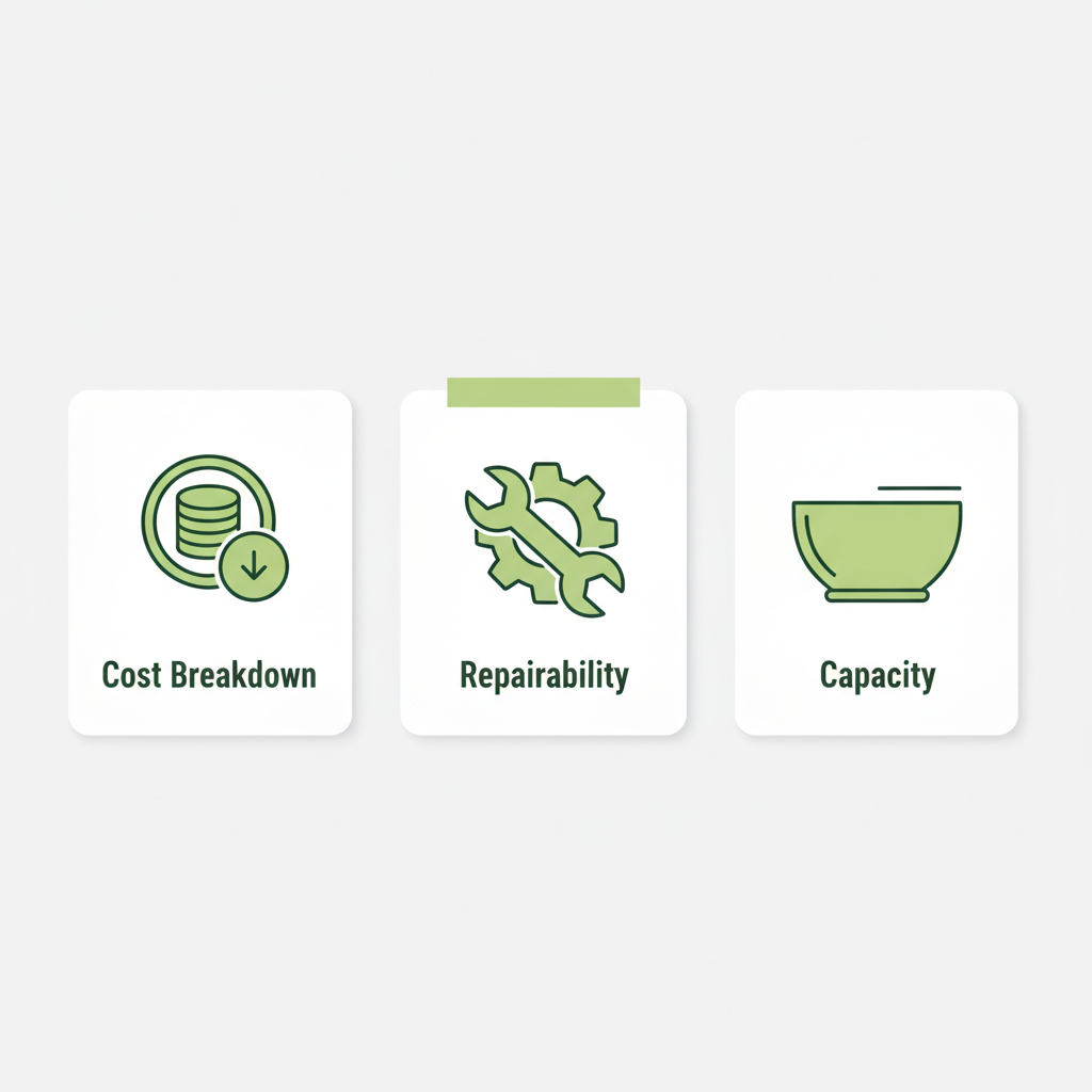 Minimalistische Vektor-Infografik zu Thermomix TM6 Nachteile: drei Icons zeigen Kosten, Reparaturfreundlichkeit und Fassungsvermögen in Schnell Lecker Farben.