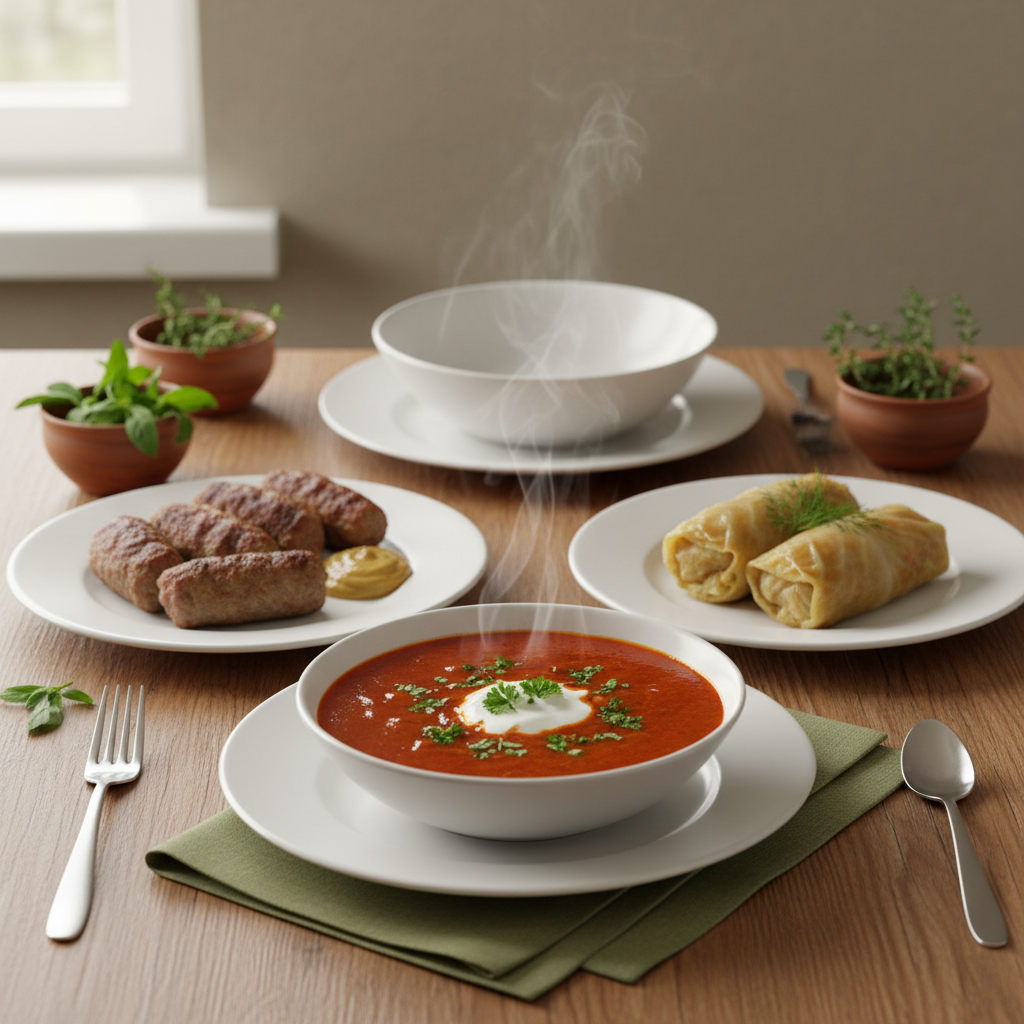 Thermomix TM6 Nachteile: Nahaufnahme einer heimischen europäischen Küche mit ungarischen und rumänischen Gerichten auf Holztisch, warme Töne, dezente Schnell Lecker Farben.
