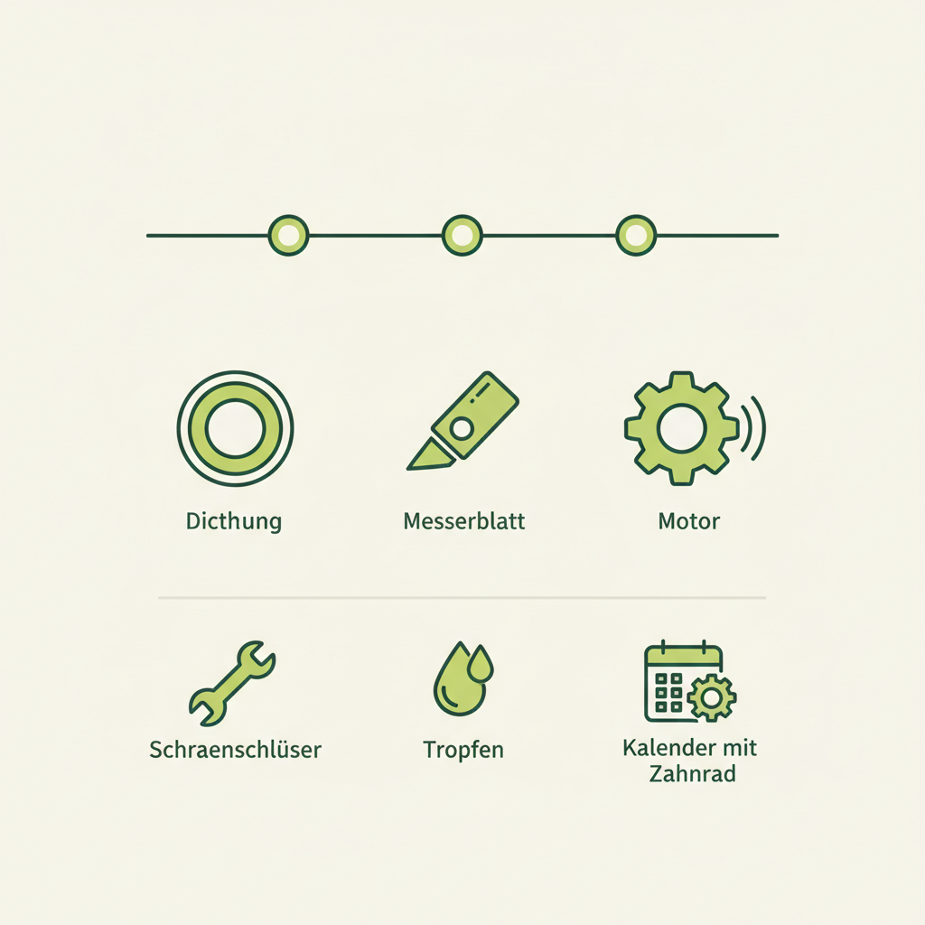 Minimalistische 2D-Vektor-Infografik zur Thermomix Lebensdauer mit Timeline-Icons, Teilen (Dichtung, Messer, Motor) und Wartungssymbolen auf Hintergrund #dbdbcf.