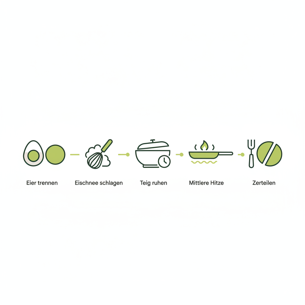 Minimalistische 2D-Vektor-Infografik mit 5 Icons zu "Wie bekommt man Kaiserschmarrn fluffig?": Eier trennen, Eischnee schlagen, Teig ruhen, mittlere Hitze, zerteilen.