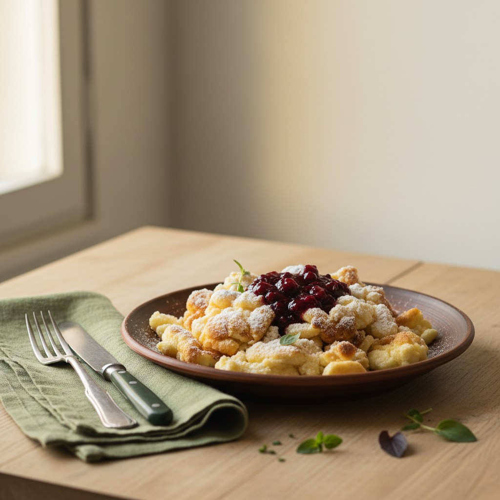 Nahaufnahme eines fluffigen Kaiserschmarrn auf rustikalem Teller mit Beerenkompott vor sanftem Hintergrund #dbdbcf, dezente Akzente #a5cd8d — Wie bekommt man Kaiserschmarrn fluffig?