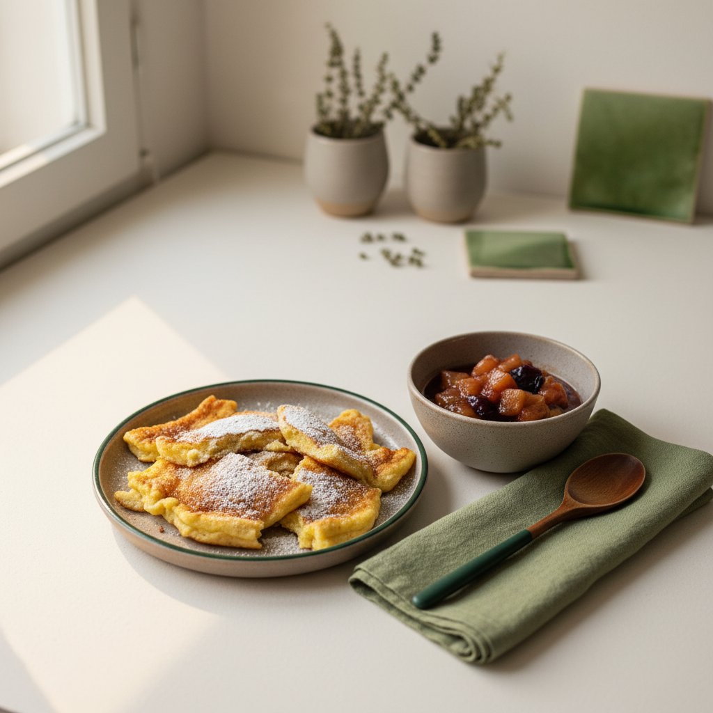 Kaiserschmarrn Zutaten auf rustikalem Teller mit Apfelkompott, Leinenserviette in #a5cd8d vor neutralem Hintergrund #dbdbcf, minimalistisches Full-Frame Küchen-Setup